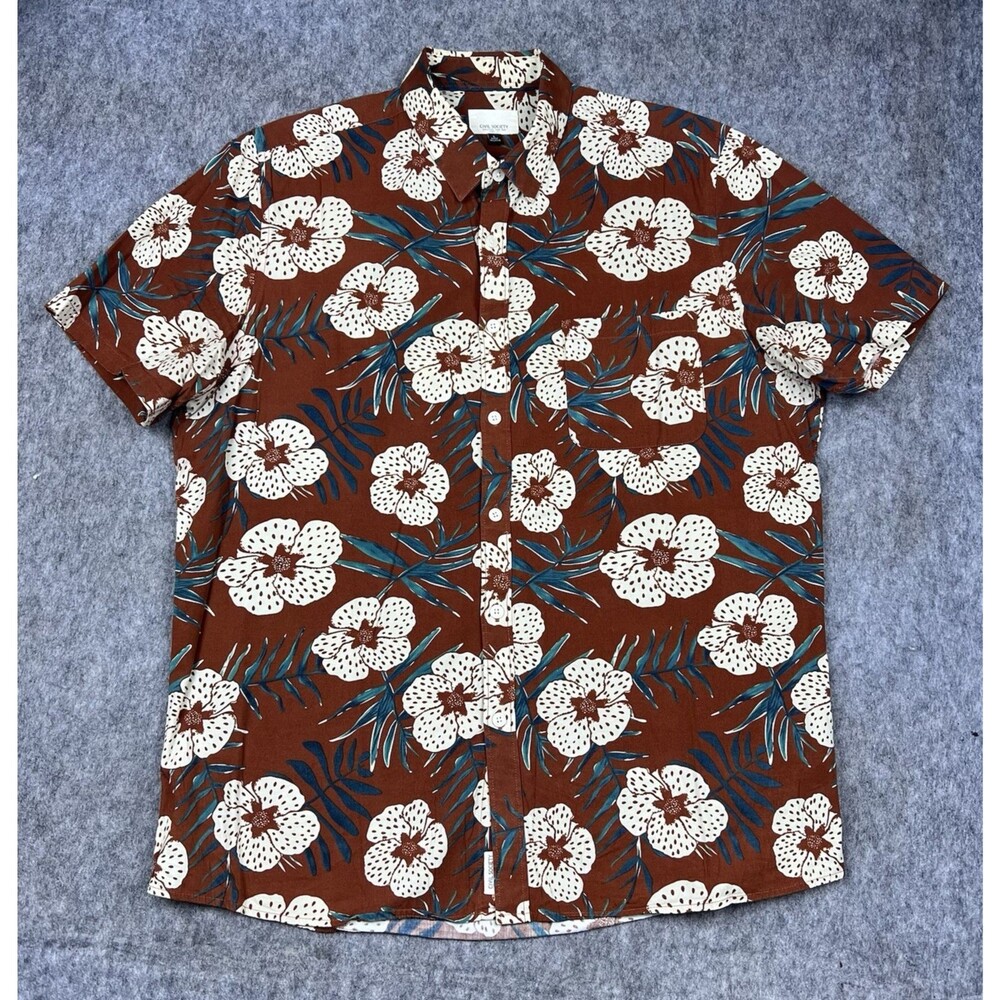 Civil Society Men's Button Up Shirt Brown Hibiscus Floral Short Sleeve Size L